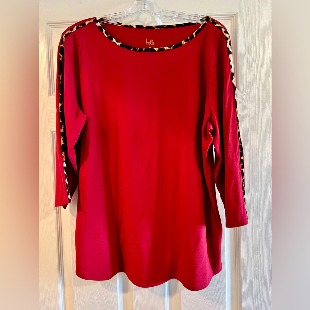 Belle by Kim Gravel TripleLuxe Knit Animal Print Trimmed Top Claret Red Size Lrg